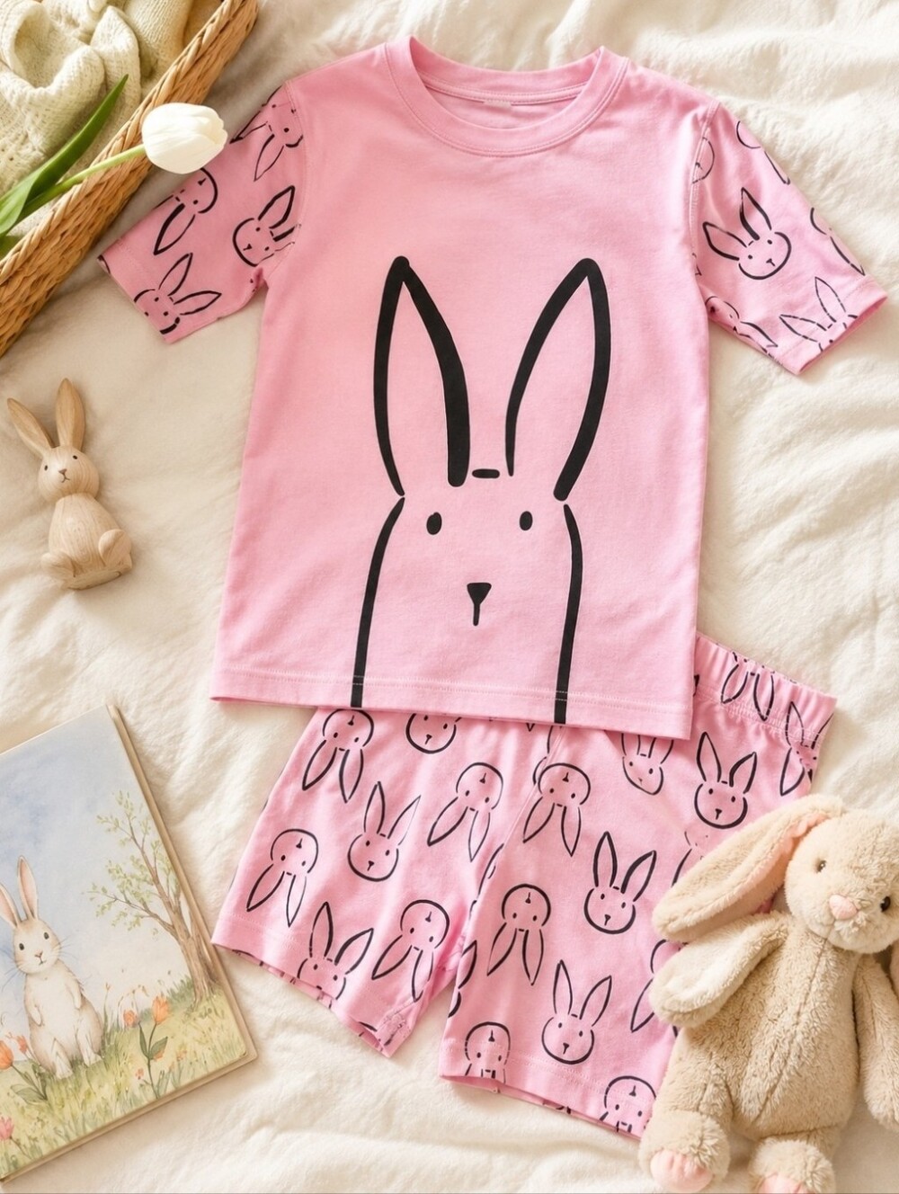 Hanna Andersson Bunny Pajamas US 12 150 Pink Organic Cotton Short John PJ Set SS